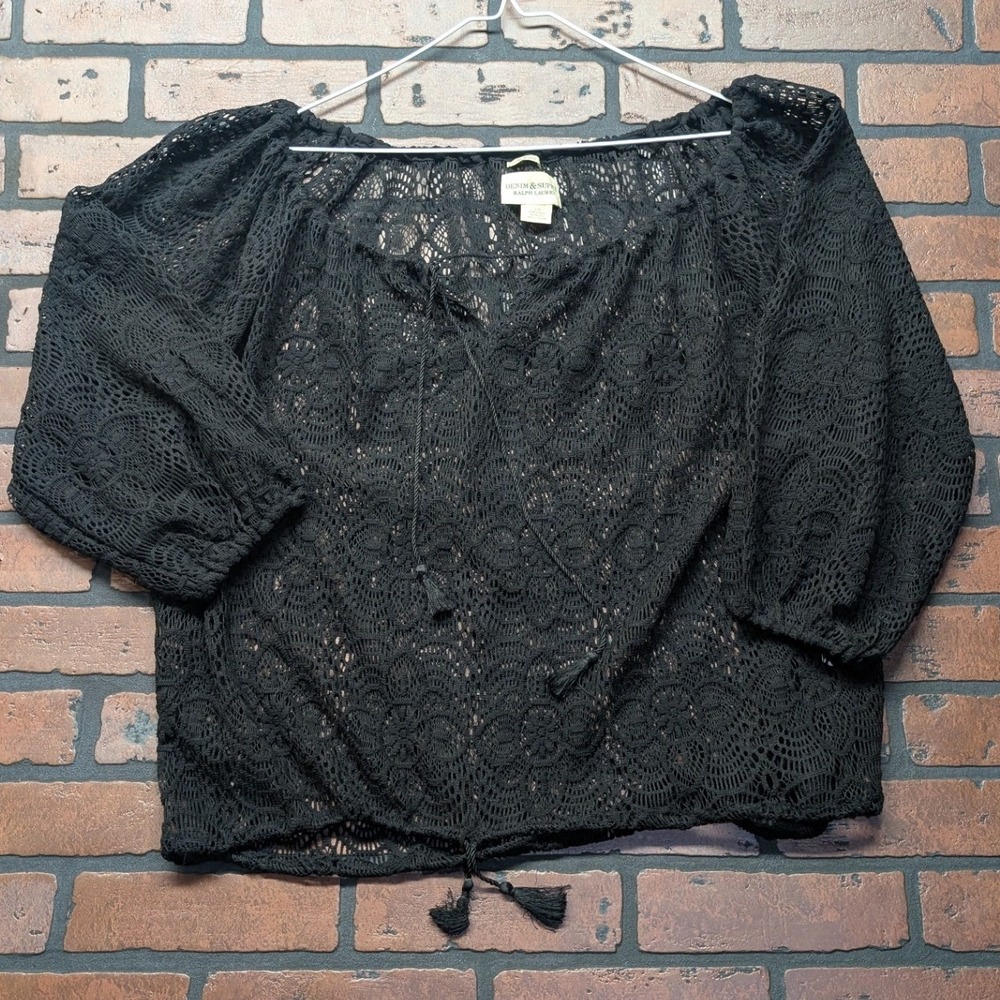 Denim & Supply RL Black Boho Festival Crochet V-Neck Top Vampire Style